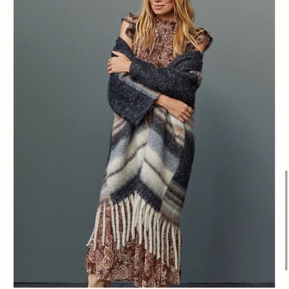 Anthropologie Striped Knit Kimono Open Front Sweater Blanket Coat Fringe Hem OS - Picture 7 of 13